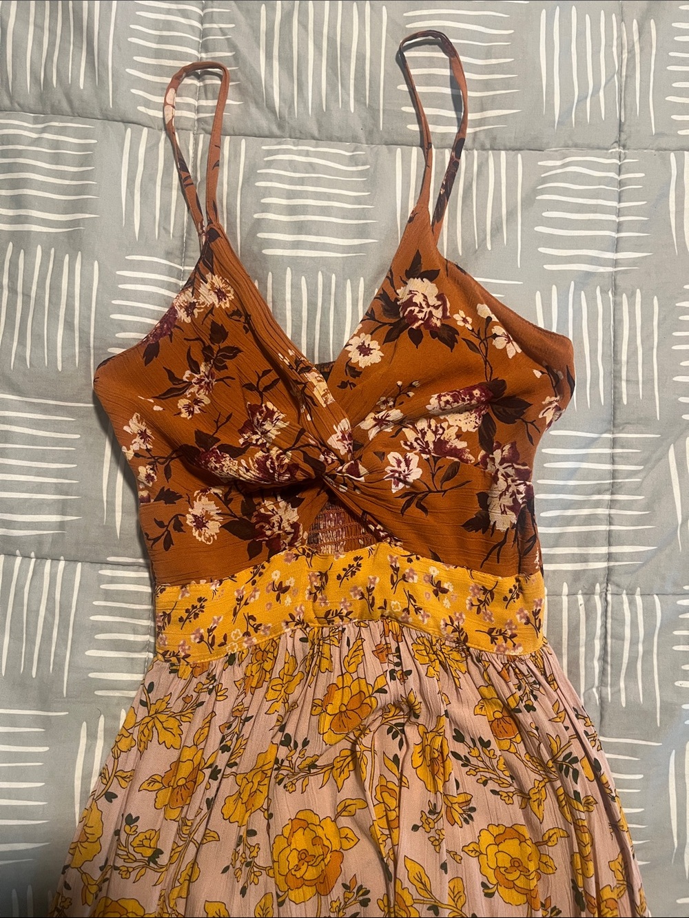 Floral Spaghetti-Strap Maxi Dress in Rust & Yellow